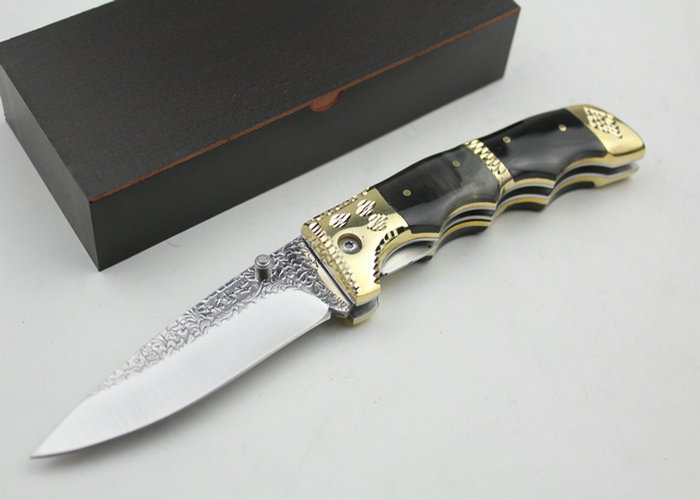 High Quality Pattern Steel Folding Knife Collection Knife with Ox horn Handle UDTEK01215